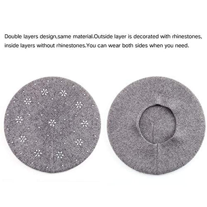 LADYBRO Rhinestone Beret Hats for Women 2 Layers Wool Knit Cap Lady Winter - color: Light Grey (Floral Pattern)