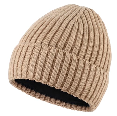 Connectyle Fleece Lined Cuffed Beanie Hat for Men Women Knitted Winter Wool Beanies Skull Cap Warm Watch Hat - color: Khaki