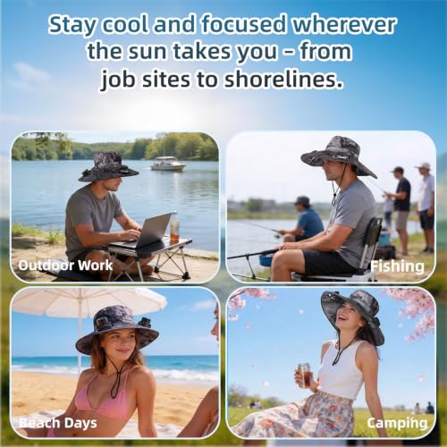 Hat with Fan Wide Edge, Waterproof Solar Powered Fan Hat with 2 Solar Fans 3-Speed Adjustable for Men and Women - color: Camouflage Gray