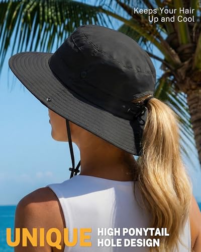 Women's Sun Hat Sun Protection Wide Brim Bucket with Ponytail Hole Summer - color: Black