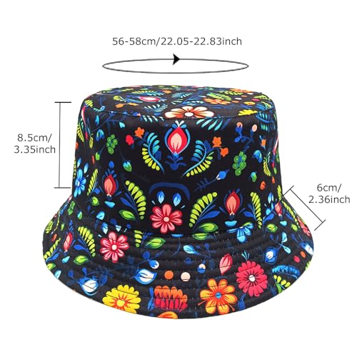 Printed Bucket Hat - Reversible Packable Summer Travel Beach Sun Cap for Men Women Teens - color: Boho Folk Floral