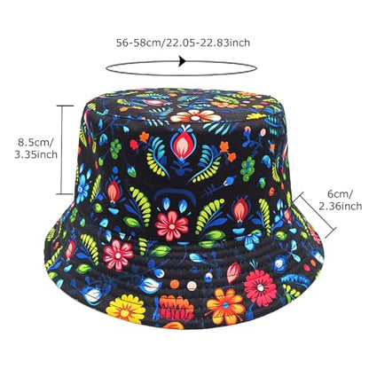 Printed Bucket Hat - Reversible Packable Summer Travel Beach Sun Cap for Men Women Teens - color: Boho Folk Floral