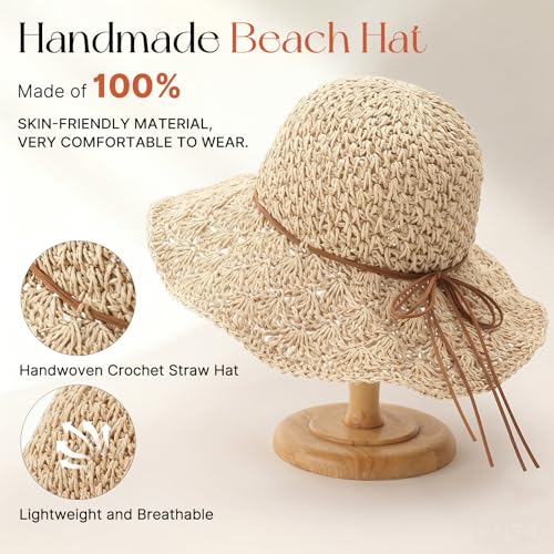 Beach Sun Hats for Women, Wide Brim Straw Hat, UPF 50+ UV Protection - color: Beige -String