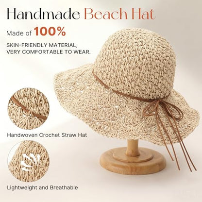Beach Sun Hats for Women, Wide Brim Straw Hat, UPF 50+ UV Protection - color: Beige -String