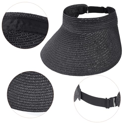 Straw Sun Visors Womens, Ponytail Beach Straw Visor, Packable Summer Sun Hats for Women Travel - color: Black