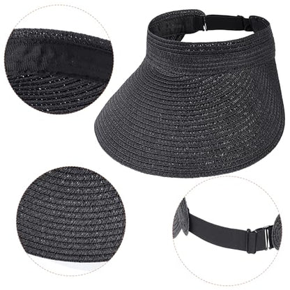 Straw Sun Visors Womens, Ponytail Beach Straw Visor, Packable Summer Sun Hats for Women Travel - color: Black