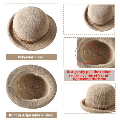 Women Beach Cloche Sun Bucket Hat Rolled Church Hat Folded Shipping - color: Belt/Khaki