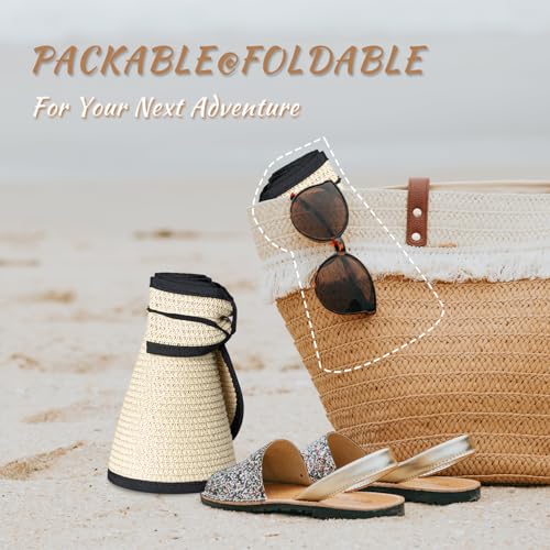 Women's Sun Visor Hats Wide Brim Straw Beach Hat Ponytail Hats for Women Foldable Floppy - color: 1pack-beigeblack
