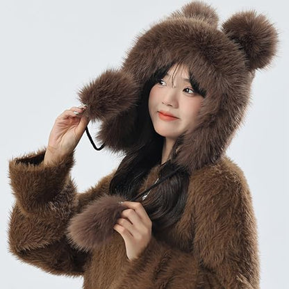 Winter Faux Fur Hat with Ears Flaps Fluffy Bear Beanie Cap Animal Lovers Gift - color: Coffee