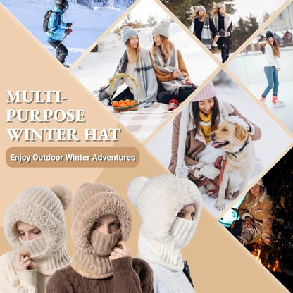 Women’s Knitted Beanie Hat with Face Cover - 3 in 1 Winter Balaclava with Mask Scarf Ear Muffs Pompom Fleece Lined Snow Caps - color: Grey-a