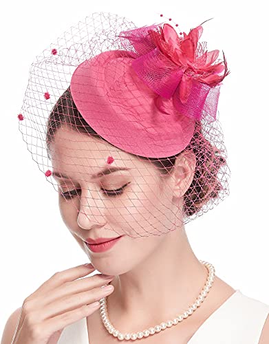 Fascinator Hats for Women 20s 50s Vintage Pillbox Hat Kentucky Derby Fascinators Flower Veil Wedding Tea Party Hat - color: 1-rose