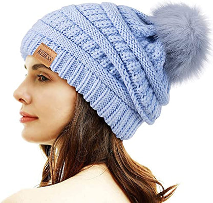 REDESS Women Winter Pom Pom Beanie Hat with Warm Fleece Lined - color: Light Blue