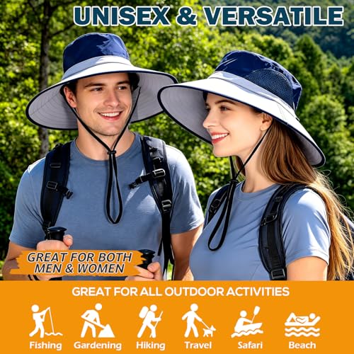 Wide Brim Sun Bucket Hat, Waterproof Boonie Hat for Men & Women - color: 02 Light Grey+navy Blue