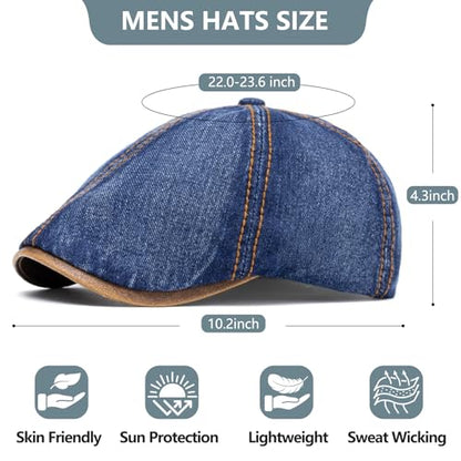 meioro Mens Denim Newsboy Hat 6 Panel Cotton Adjustable Flat Cap - color: Navy Blue