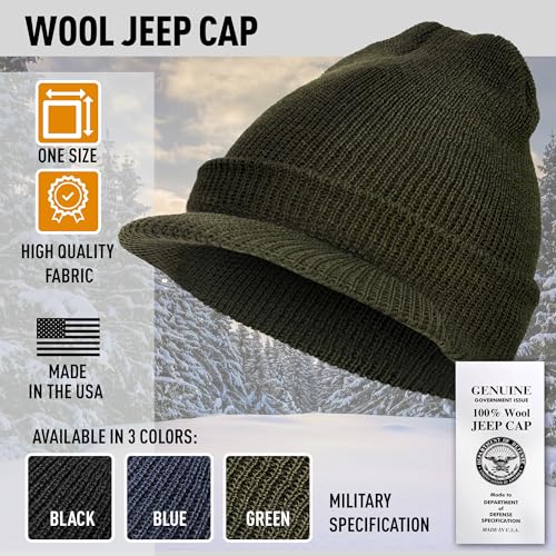 Genuine G.I. Winter Beanie Cap with Visor, 100% Knitted Wool, Double-Layer Winter Hat, Made in USA - color: Olive Drab