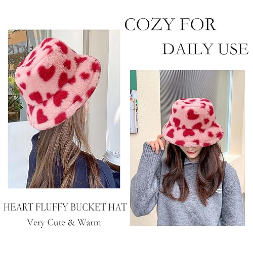 Winter Faux Fur Furry Bucket Hat Fluffy Fuzzy Warm Hat Plush Fisherman Hat for Women Men Teens Girls - color: Pink Heart