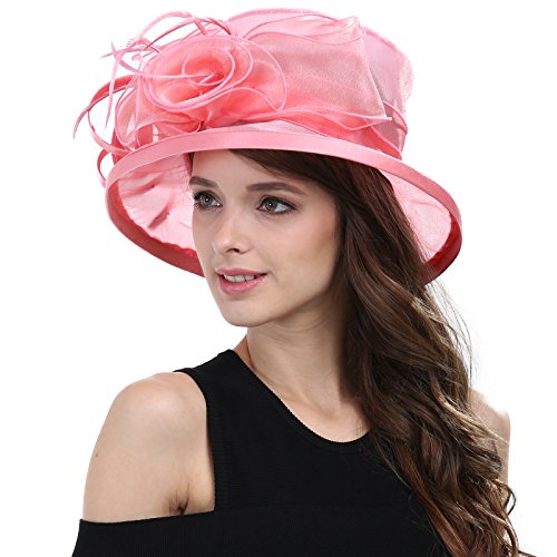 Womens Church Derby Wide Brim Sun Hat Girl Tea Party Headwear Bridal Wedding Fascinator - color: Pink