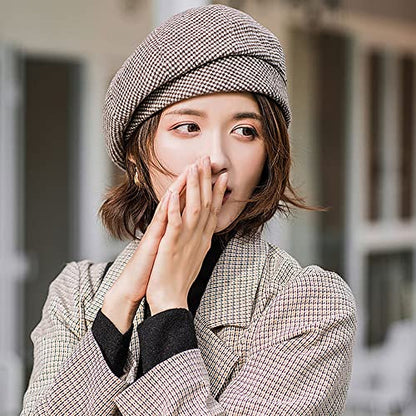Women Winter Classic Beret Hat Newsboy Cap Painter Hats Houndstooth Beret Hats - color: Py06 Coffee