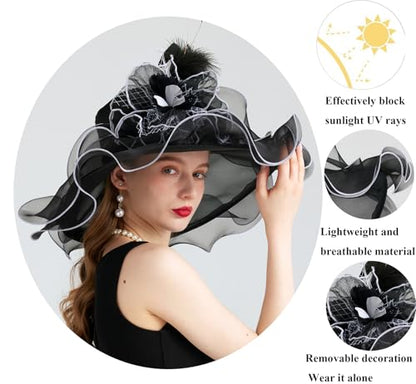 Women Organza Derby Hat Fascinator Tea Party Wedding Church Derby Hat Fascinator Hats Dual-use - color: 02c Black
