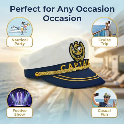 Captain Hat for Adults, Adjustable Sailor Hat, Navy, Nautical and Halloween Party Costume Accessory - color: White