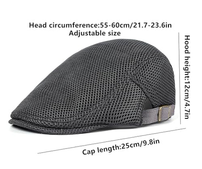 DIYDECAL Mens Breathable Mesh Summer Hat Adjustable Newsboy Beret Ivy Cap Cabbie Flat Cap - color: Dark Grey