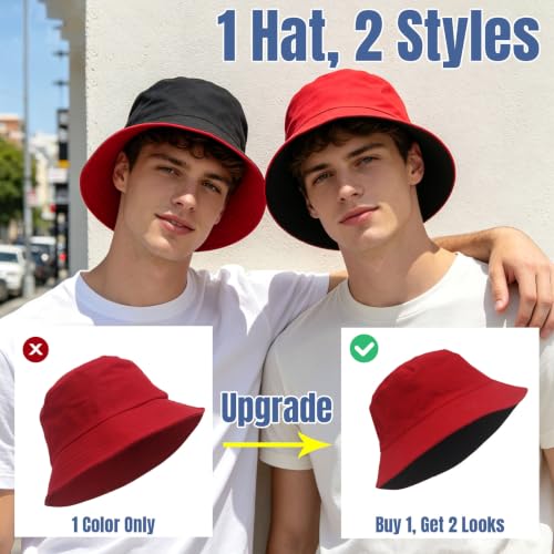 PFFY Reversible Bucket Hat for Women Men Cotton Sun Beach Fishing Cap - color: Black/Red (Reversible)