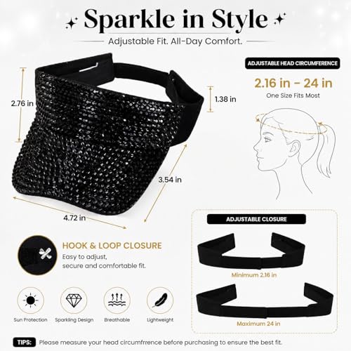 Shiny Women's Bling Rhinestone Visor Sun Protection for Tennis Golf Beach - color: Blackblack