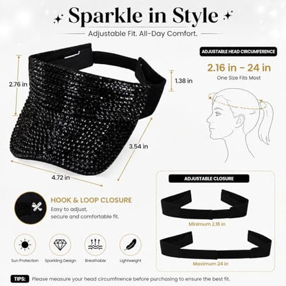 Shiny Women's Bling Rhinestone Visor Sun Protection for Tennis Golf Beach - color: Blackblack