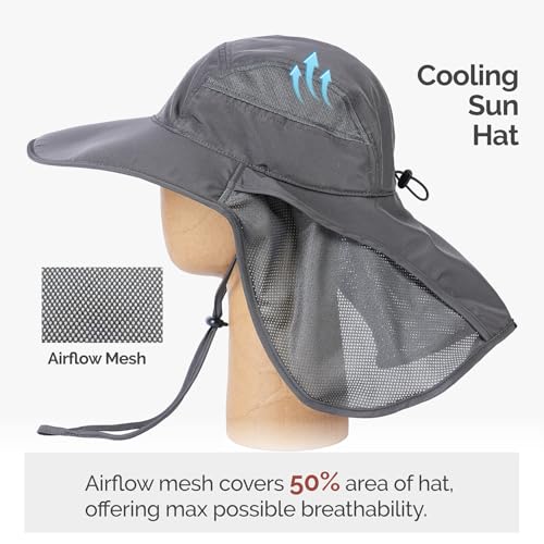Hat Hut Ultra-Light Sun Hat with Neckflap, UPF 50+, Wide Brim, Breathable Outdoor Hiking Fishing Hats for Men - color: Dark Grey
