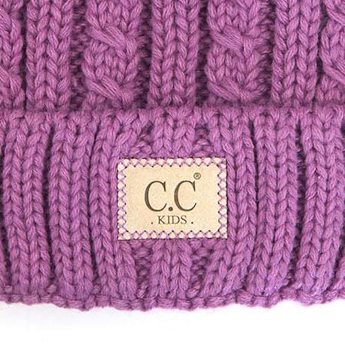 C.C Kids' Suede Patch Snuggly Soft Warm Knit Pom Cuff Beanie - color: Cable Knit Faux Fur, New Lavender
