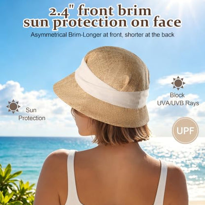 Babalet Women Summer Bucket Sun Hat Lightweight Beach Faux Linen Blend Bucket Hat Adjustable Foldable UV Protection Beach Cap - color: Marled Khaki / White Band