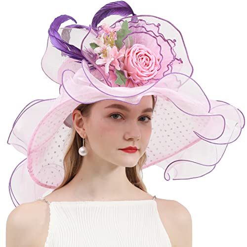 Women's Organza Church Derby Hat Bridal Tea Party Wedding Tea Party Sun Hat with Detachable hat flower as headgear - color: Light Pink 1