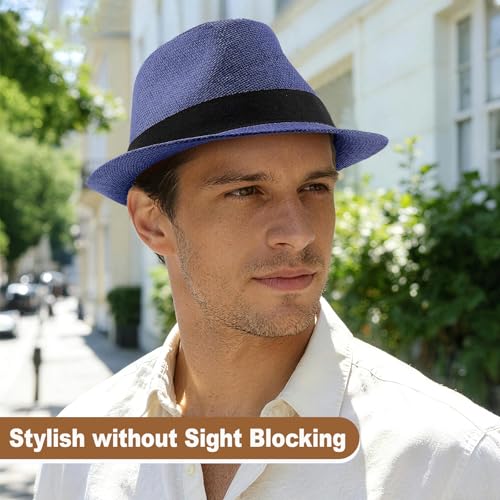 Straw Fedora Hats for Men Women, 1920s Short Brim Trilby Panama Hat Summer Beach Sun Cap - color: Navy Blue