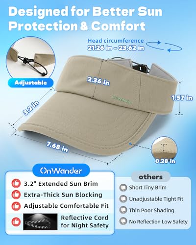 Sun Visor Hats for Women Men - Wide Brim Quick Dry Adjustable Hat - color: Khaki