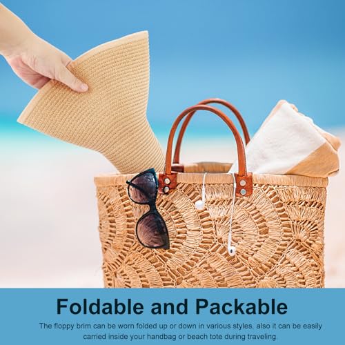 DRESHOW Big Straw Sun Hats for Women Floppy Foldable Roll up Beach Cap Sun Hat UPF 50+ Vacation Honeymoon Embroidered Hat - color: Medium Size: Beige / Brim 5.5" (Head Circumference 22-22.8")