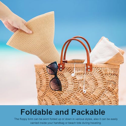 DRESHOW Big Straw Sun Hats for Women Floppy Foldable Roll up Beach Cap Sun Hat UPF 50+ Vacation Honeymoon Embroidered Hat - color: Medium Size: Beige / Brim 5.5" (Head Circumference 22-22.8")
