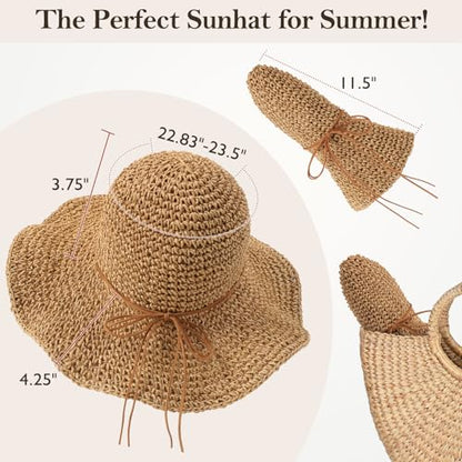 Beach Sun Straw Hats for Women Floppy Wide Brim UV Packable Summer - color: Khaki