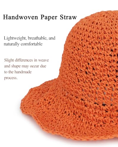 Womens Crochet Straw Sun Hat Foldable Floppy Wide Brim Beach Hat for Summer - color: Orange
