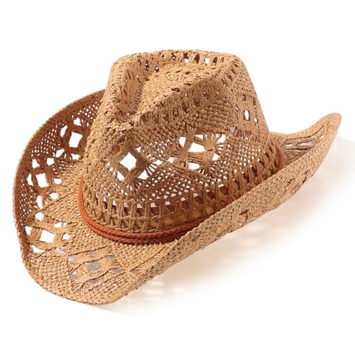AQOKKA Straw Cowboy Hats for Women Men Western Cowgirl Hats with Shapeable Brim Woven Hollow Out Unisex Beach Roll Up Caps - color: Khaki a