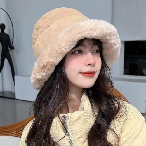 XYX Women Winter Knit Fleece Lined Bucket Hat Beanie Hat Rolled Brim Faux Fur Crochet Skull Cap - color: Beige