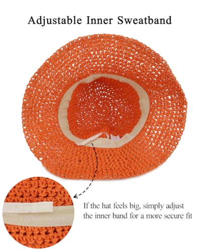 Womens Crochet Straw Sun Hat Foldable Floppy Wide Brim Beach Hat for Summer - color: Orange