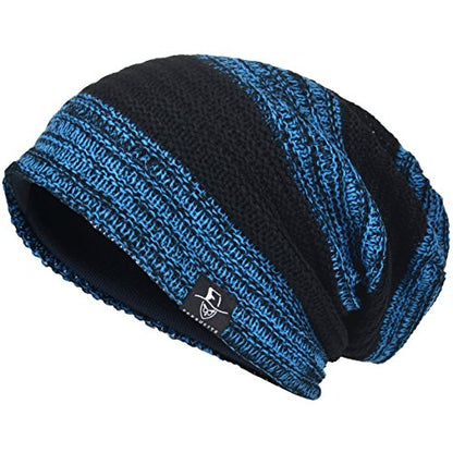 VECRY Mens Slouchy Beanie Knit Skull Cap Long Baggy Hip-hop Winter Summer Hat B305 - color: Retro-black&blue, size: Large