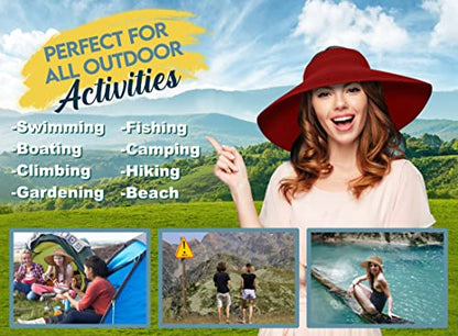 Straw Sun Visor for Women, Wide Brim UPF 50+ Protection Beach Hat, Adjustable, Roll Up Foldable Ponytail Cap with Chin Strap - color: Red