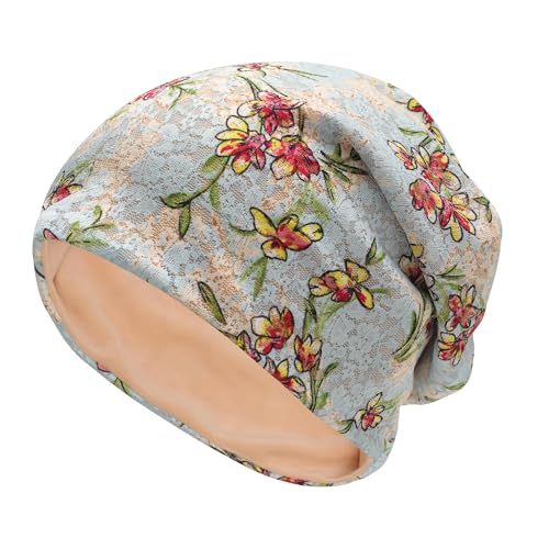 ZLYC Women Lightweight Fleece Slouchy Beanie Warm Winter Hat Chemo Headwear - color: Flower Light Blue