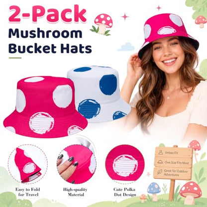 Newcotte 2 Pack Halloween Mushroom Bucket Hats Polka Dot Hats Reversible