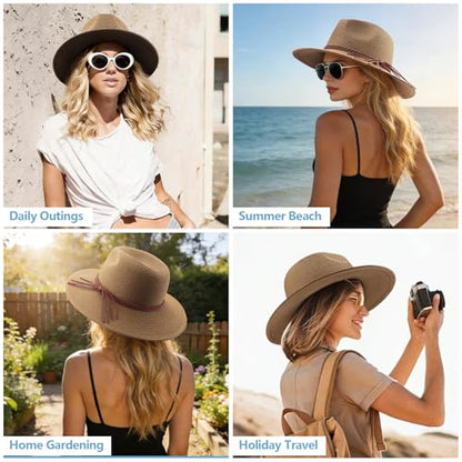 DRESHOW Women Straw Panama Hat Travel Fedora Beach Sun Hat Summer Wide Brim Straw Roll up Hat UPF 50+ - color: Straw Hat With Braided Band: Coffee