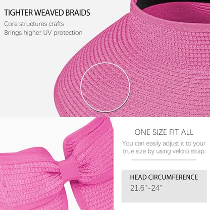 Women's Sun Visor Hats Wide Brim Straw Beach Hat Ponytail Hats for Women Foldable Floppy - color: 1pack-rose