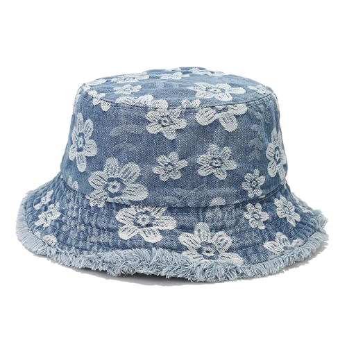 Quanhaigou Frayed Unisex Sun Hats, Fashion Beach Bucket Hat for Men Women,Summer Outdoor Boy's Girls Boonie Cap - color: Denim Floral L.blue