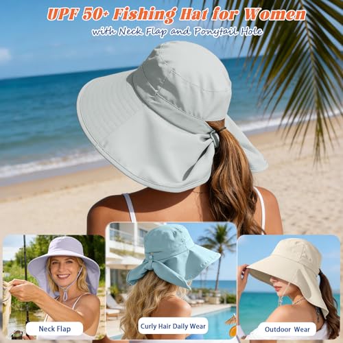 Ruqizhi Sun Hats for Women with Neck Flap Ponytail Hole Women Sun Hats Rollable UV Protection Fishing Hats Wide Brim UPF 50+ - color: Green