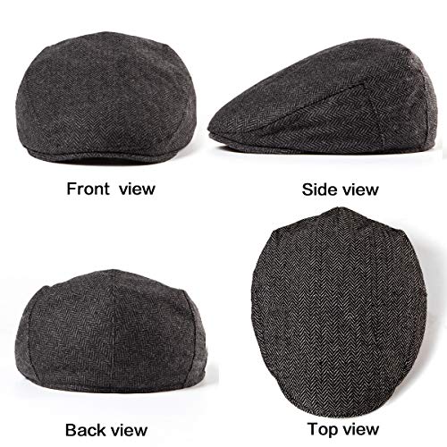 Herringbone Flat Ivy Newsboy Cap for Men 1920s Wool Blend Tweed Cabbie Hat - color: Filled Quilted Lining Black, size: 7 3/4-7 7/8
